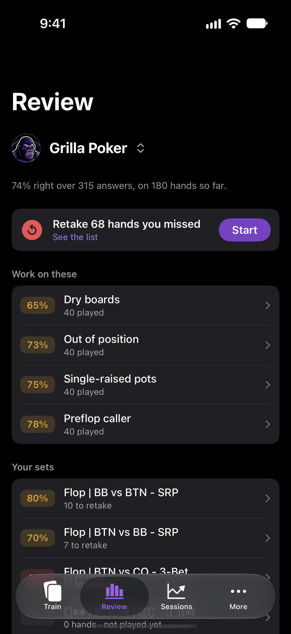 Coach Report: 74% right over 315 answers, with the spots to work on