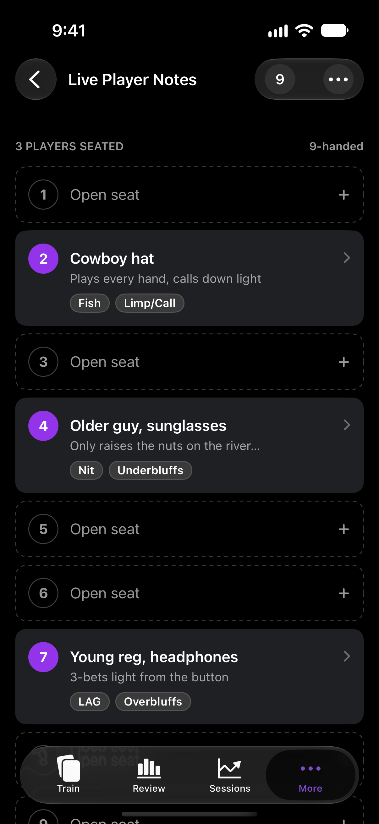 Live player notes: three players seated, each with tags