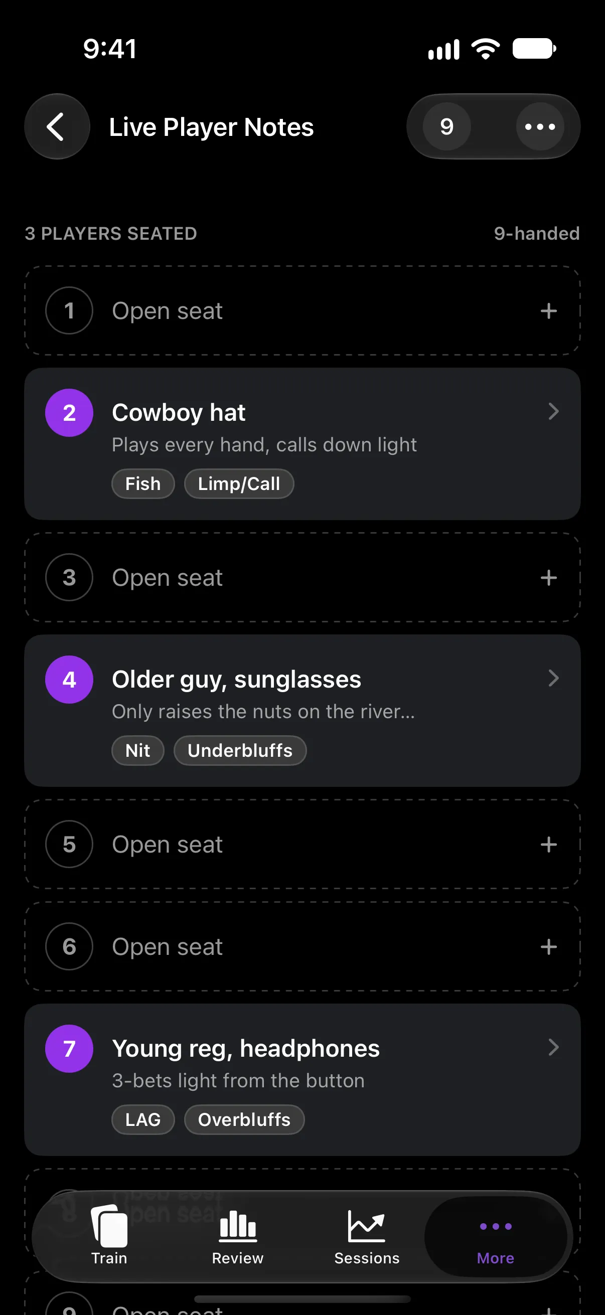 Live player notes with three players seated and tagged
