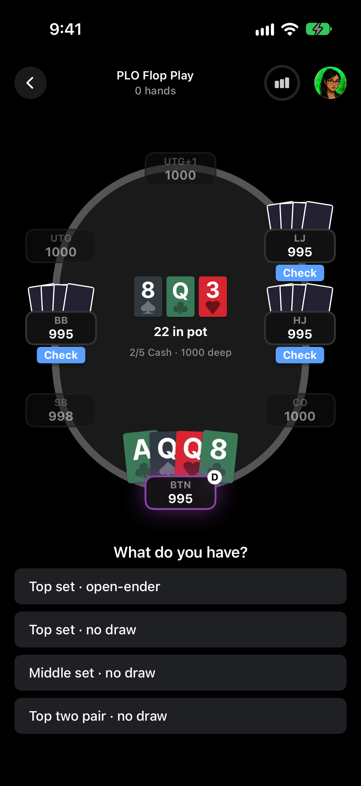 PLO flop play: ace-queen-queen-eight on the button, three players checked to you on an 8-Q-3 flop