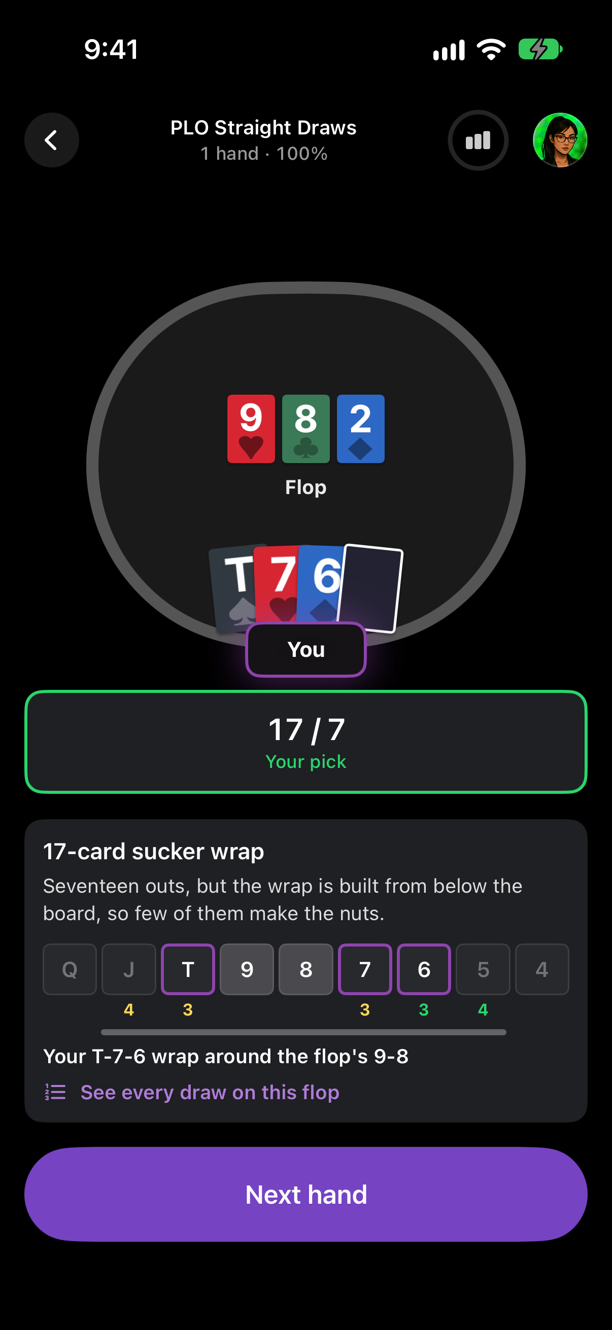PLO straight draws answer: a 17-card sucker wrap with T-7-6 on a 9-8-2 flop, 7 of the outs to the nuts