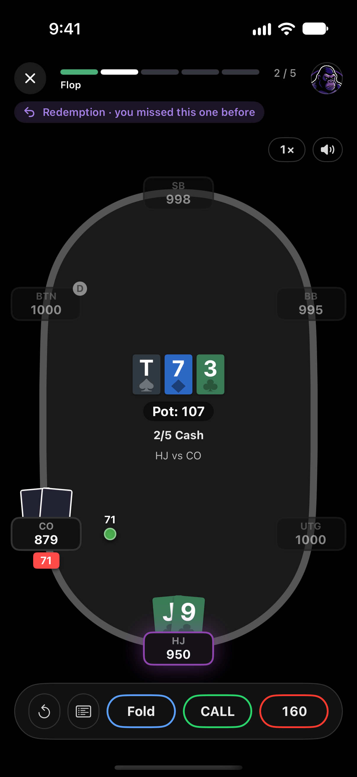 A flop decision in the daily quiz, with fold, call and raise buttons