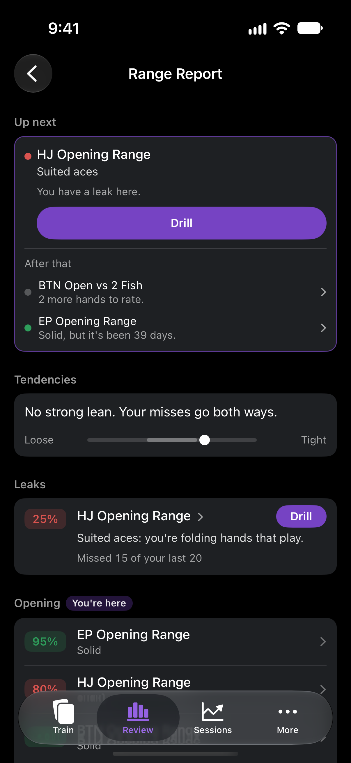 Range Report flagging a suited-aces leak in the hijack opening range