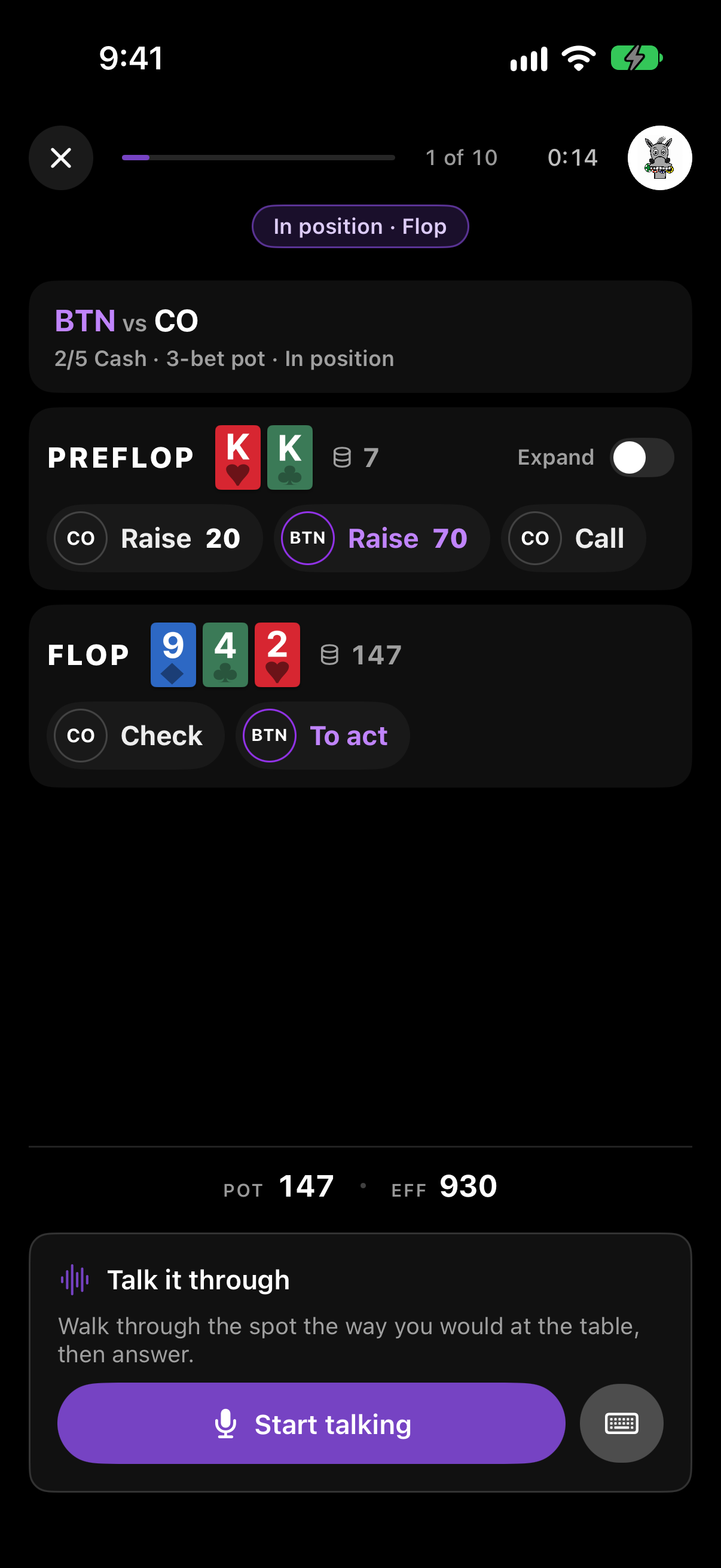 A flop decision with kings in a 3-bet pot and the Talk it through prompt: Start talking
